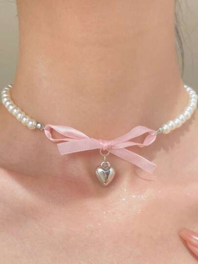 1pc Geometric Fashion Pink Bow & White Beaded Necklace Set
