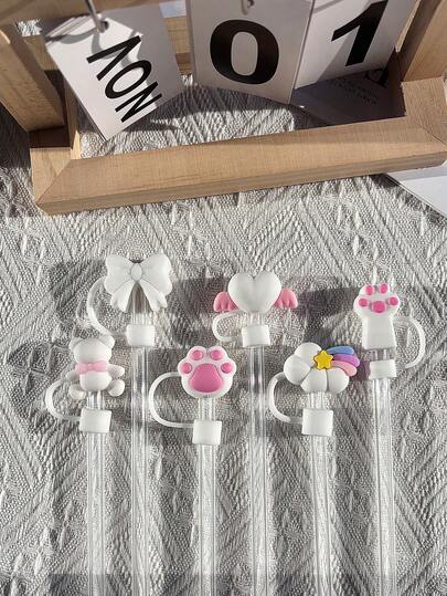 Compatible With Stanley Cup Accessories 6Pcs White Cue Straw Cover Cap For Cup 40 30oz Tumbler, 10mm Reusable Cute Drinking Straw Topper Accessories, Portable Protector Plugs Decorations Gifts For Party Cute Cartoon Flower Straw Dust Cover,