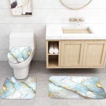 4 Pcs Blue Marble Shower Curtain Set White Bathroom Sets With Shower Curtain And Rugs Gold Modern Abstract Bathroom Decor Accessories Bathroom Rugs Toilet Lid Cover With Hooks{Inchcolor_nameinch:InchLightBlueinch} - Lightblue - View 4