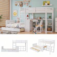 Łóżko piętrowe 90x200 cm w kolorze białym | Łóżko dziecięce z 3-stopniową drabinką | Stelaż sosnowy z 2 szufladami | Solidna rama z listew i otwarta półka | Konstrukcja z sosny i płyty MDF