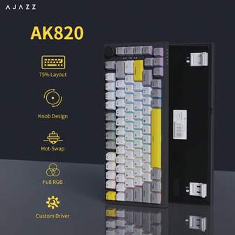 AJAZZ AK820 75% 布局有线机械游戏键盘，带音量旋钮、朝南 LED 背光、PBT 键帽、可编程 RGB 热插拔轴体、符合人体工程学设计、可拆卸 USB-C 连接线、附赠拔键器 - 支持双手操作；AK820