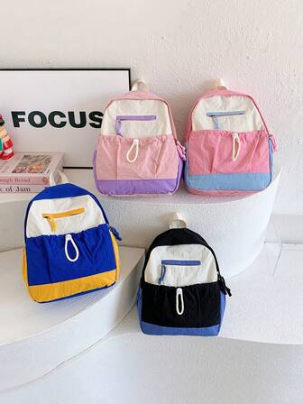Färgblocksryggsäck, lätt nylonryggsäck med flera fickor för pojkar och flickor