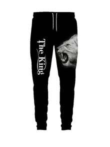 Men's Casual Street Style Set, Men's Lion "The King" Art Printed Short Sleeved Pants Set Made Of Polyester Fiber Fabric, Versatile For Daily Travel, Street Style Dressing, And Leisure Gatherings, Machine Washable, Men's Set, Men's Set  All  Spring/Fall    Regular Fit    Christmas  Halloween - màu đen - Xem 3