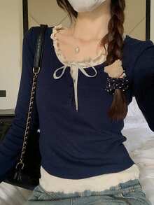 Tie-Up 2 In 1 T-Shirt For Women, Frill Trim Round Neck Slim Fit Chic Stylish Crop Top, Autumn/Winter - Navy Blue - View 4