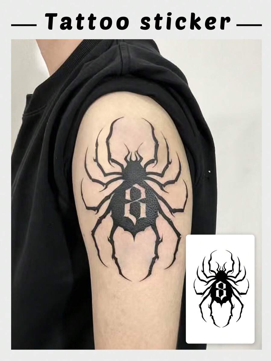 1pc Black Spider 0 Code Temporary Tattoo Sticker, Realistic Fake Tattoo, Fashionable & Waterproof, Sweat-Resistant, Reusable - Black - View 1