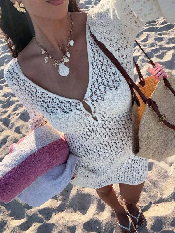 FOR BEAUTY Spring And Summer New Knitted Dress, Beach Vacation Casual Style, Solid Color Hollow Dress Christmas