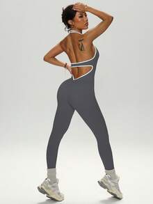 Women's Halter U-Neck Yoga Jumpsuit, Contrasting Color Hem High Elastic Backless Fitness Jumpsuit, Butt Lifting Tight Sportswear, Universal Training Clothing For All Seasons - 灰色 - 查看 2