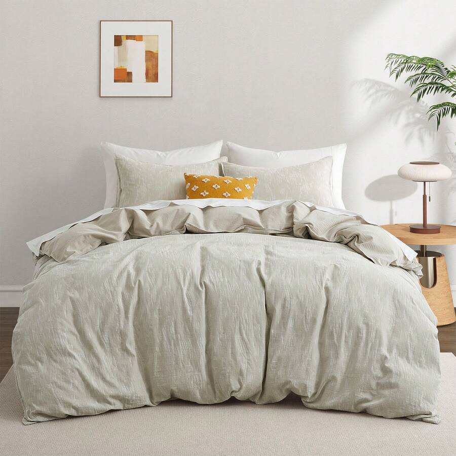3-Piece Linen Cotton Blend Duvet Cover Set, Jacquard Pattern Twin Queen King With Pillow Shams, Corner Ties, Zipper Closure - Lưới màu be - Xem 1