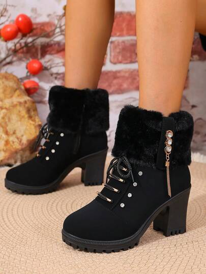 1 Pair Fashionable Minimalist Ankle Boots For Teens, New Autumn/Winter Design, Comfortable & Warm, Decorative Lace-Up Thick Heel, Suitable For Outdoor, Daily Commute, Party & Dance