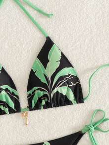 2件套褶皱椰子树印花挂脖系带高衩细肩带比基尼套装 女士泳装 黑色 绿色 夏季沙滩度假 - 黑色 - 查看 5