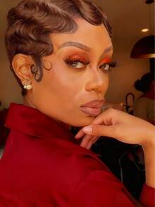 Remy Human Hair 150% Density 13x4 Lace Front Wig - Natural Black Short Pixie Cut With Water Wavy Texture, Retro Finger Wave