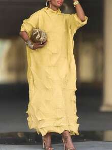 Women's Elegant Textured Midi Dress With Ruffled Design, Pleated And High Elastic Fabric - Mid Neck, Mid Sleeve, Great For Fashionable And Comfortable Looks - 淡黃色 - 查看 1