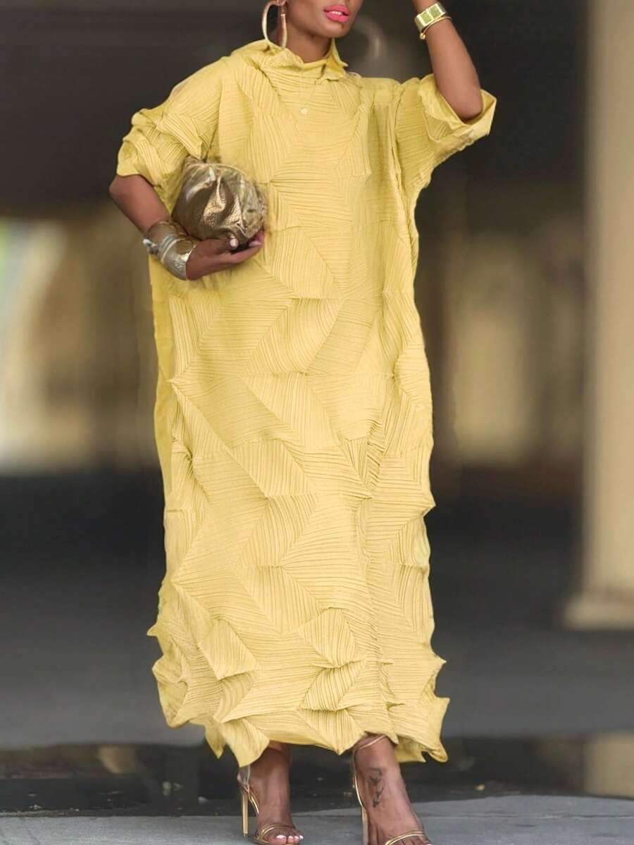 Women's Elegant Textured Midi Dress With Ruffled Design, Pleated And High Elastic Fabric - Mid Neck, Mid Sleeve, Great For Fashionable And Comfortable Looks - 淡黃色 - 查看 1