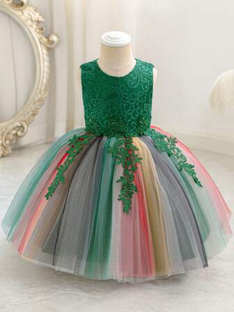 Girls' Special Occasion Dress, Little Girl Fashionable Colorful Ombre Tulle Dress, Baby Birthday Princess Party Dress, Children's Carnival Party Holiday Gathering Green Forest Dress, Delicate Daily Tulle Dress For Ballet Dance