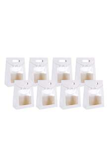 8个白色牛皮纸袋，带透明窗口，直立礼品袋，散装，带手柄，纸质礼品袋，白色购物袋，蝴蝶结礼品包装袋，适用于婚礼、新娘送礼会、生日、节日、圣诞派对、零售店，棕色