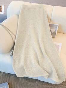 Solid Color Knitted Front Button Drawstring Casual Elegant Chinese Style Solid Color High-End Buttoned Sweater & Midi Skirt Set - Apricot - View 3