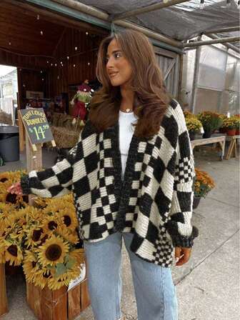 Chaqueta de punto holgada con mangas farol de estilo a cuadros, suéter retro de otoño/invierno, ideal para Navidad, Año Nuevo