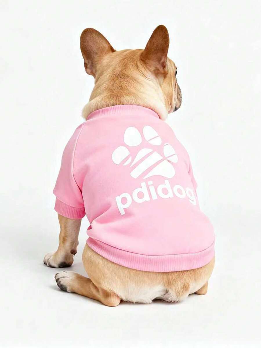 LUCKIE LABO 1pc Minimalist Cute Paw Print & Slogan Pattern Polyester Hoodie Sweatshirt, Flea Resistant, Shed Reducing, Warm & Breathable, Suitable For Indoor & Outdoor Cats & Dogs - Pink - View 1