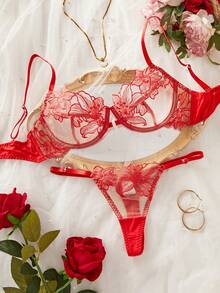 Red Embroidered Sheer Sexy Lingerie Set For Women - Red - View 1