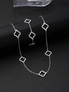 2 件套欧美风格镂空花朵和四叶草优雅项链和手链套装，适合女性日常佩戴 - 銀色 - 查看 4