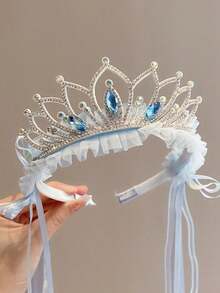 1pc Girls' Fairy Icy Snow Headband, Sweet Princess Ribbon Veil Crown Hair Accessory - Blue - View 13