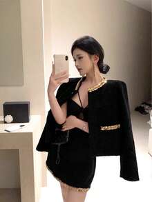 女士优雅亮片拼接长袖单排扣外套和中长裙套装，秋季 - 黑色 - 查看 3