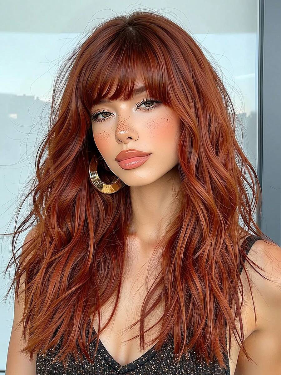 Peluca sintética de onda media de color rojo marrón con flequillo, cabello rizado rojo resistente al calor para uso diario de mujeres. (Preste atención a cómo la usa y cuida, ya que debido a la iluminación y el ángulo durante la fotografía, el producto real puede tener ligeras diferencias de color en comparación con las imágenes.)