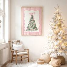 1幅粉色条纹蝴蝶结圣诞树帆布海报（带框/不带框），温馨冬季圣诞假日墙面艺术印刷品，简约少女风房间美学装饰，可爱画作，适用于公寓、客厅、卧室、现代家居装饰 - 彩色 - 查看 3