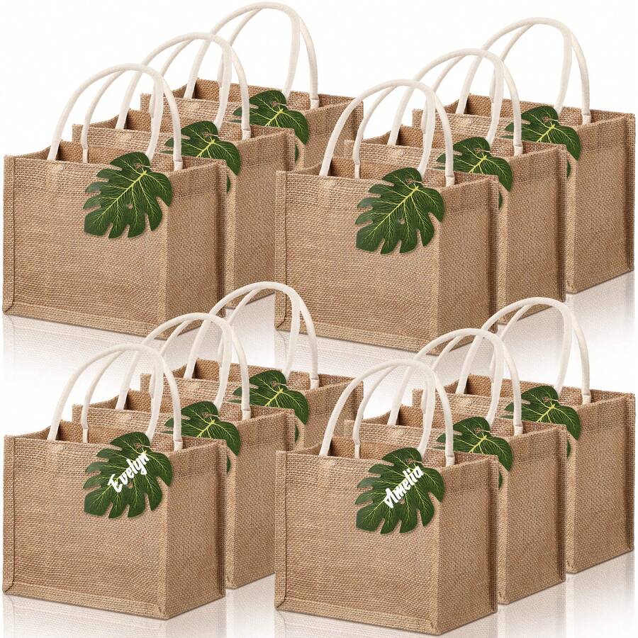 12 Set Burlap Jute Tote Bags Small Bachelorette Gifts Bags With Handles Sunglasses Monstera Leaves Tags Bridesmaid Treat Goodie Candy Tote For Wedding Party Favors - Dark Grey - View 1
