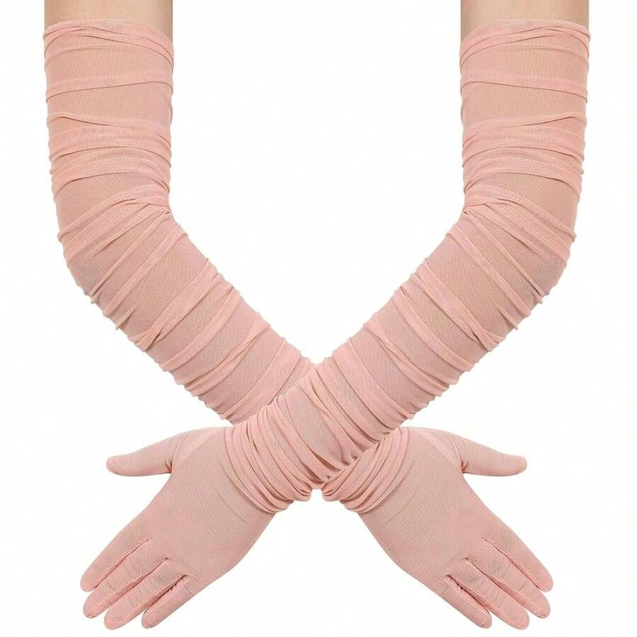 Hazhlko Women's Super Long Stretchy Ruched Mesh Tulle Sheer Gloves Costume Opera Party 1920's Dance Gloves{"Color_name":"Blush"} - Blush - 查看 1