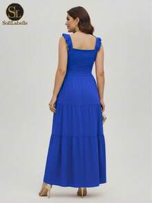 Women's Plus Size Long Dress, Three Marias Style, Elegant Evangelical Fashion, Party Dress, Sleeveless, Strapless, Ruffled, Dune - Xanh đậm - Xem 2
