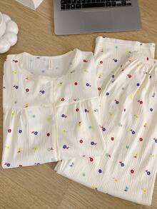 2 piezas Conjunto de pijamas holgados con estampado floral de albaricoque para mujer, adecuado para uso en casa, pijama de mujer de manga larga, adecuado para primavera, otoño e invierno - Albaricoque - Ver 2