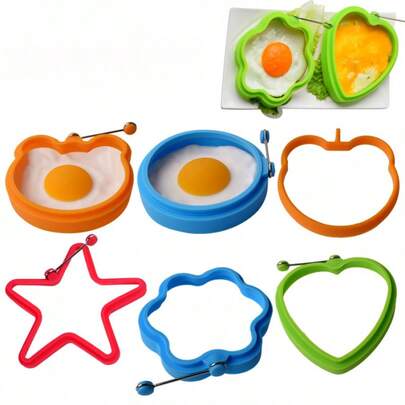 1/4pcs Cartoon Round Heart-Shaped Silicone Omelette With Handle, Omelette Ring Pancake Mold, Kitchen Baking Tool
