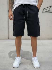 Men's Black Cargo Bermuda Shorts, Wide Leg With Elastic Waistband, Adult Shorts, Drawstring, Loose Fit, Pockets, Summer Style - Negro - Ver 4