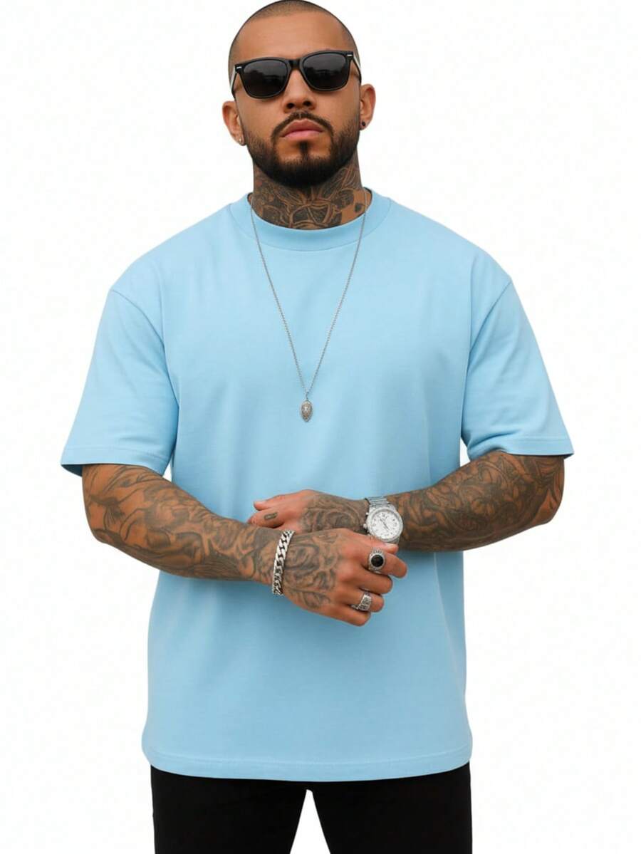 Oversized T-Shirt 100% Premium Cotton | Comfortable Plain Men's Basic T-Shirt - Biru Cerah - View 1