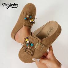 秋冬新款女士厚底鞋，牛津鞋款式，坡跟厚底，休闲套脚鞋，包头设计，流苏串珠装饰，舒适百搭，适合户外旅行、休闲场合及室内穿着，时尚鞋履 - 棕色 - 查看 10