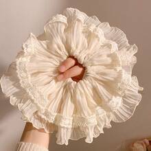 High-End White Double-Layer Lace Scrunchie - Korean Gentle Style Hair Elastic, Perfect For Bun & Daily Styling - Beige Pleated Hair Tie - View 6