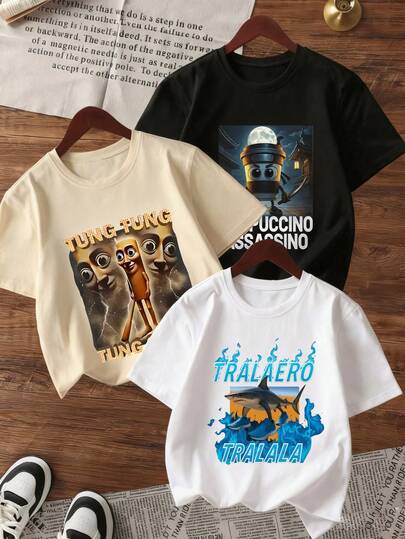 3 件套青少年男童休闲图案印花圆领短袖 T 恤，夏季上衣