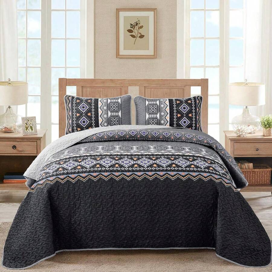 3 Pieces Orange/Blue/Grey/Purple/Yellow Striped Quilt Set Queen King California King Size Boho Bedspread Coverlet Bed Set With Two Pillow Covers,Soft Lightweight Microfiber Floral Pattern, Fall Home Bed Room Decor ,Wedding Items,Valentines Day Home Bed Room Decor,Mothers Day Gift,All Season - 灰黑色 - 查看 1