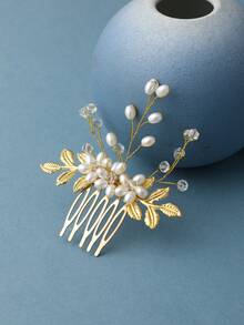 Handmade Delicate Gold Leaf Pearl Bridal Hair Comb Wedding Hair Accessories Women For Bachelorette Party Prom Pageant Photo Shoot - Gold - View 2