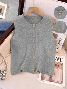 1pc Minimalist Solid Color Gentle Vibe Single-Breasted Metal Button Knit Vest, Casual Tops For Women, Round Neck Fashion Sweater - Grey - View 8