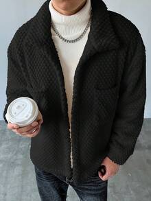 DIYIE 1件裝男士單排口袋休閒抓絨夾克，灰色秋冬外套，1件裝男士寬鬆版型紋理舒適居家夾克，男士提花長袖夾克，尺碼偏大，寬鬆版型夾克 - 黑色 - 查看 5