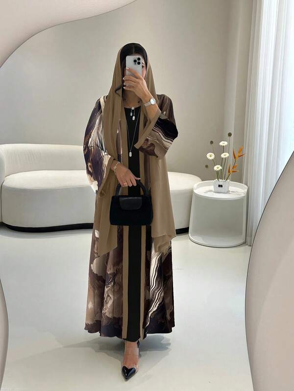 2pcs Set Elegant Brown & Black Abstract Print Robe With Matching Headscarf, Suitable For Spring/Summer Formal Or Semi-Formal Occasions