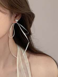 优雅蝴蝶结流苏珍珠长耳环，简约优雅丝带耳环，适合女孩佩戴 - 珍珠蝴蝶結 - 查看 4