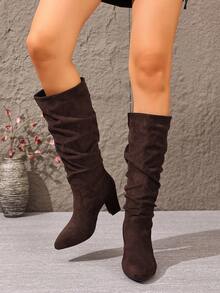 Botas de punta fina, nuevas botas de tacón alto con pliegues para otoño/invierno 2025, botaas de gamuza elástica y holgadas de tacón grueso para mujer