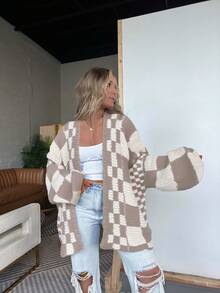 Chaqueta de punto a cuadros de estilo vívido para mujer, chaqueta suelta de manga farol de talla grande, suéter retro de otoño/invierno, Navidad, suéter navideño - Amarillo - Ver 5