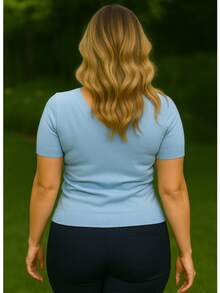 JEWELRY KNITS Short Sleeve Blouse Size G - V Neck | Short Sleeve Blouse G | Basic Short Sleeve Blouse | Basic G - 淺藍色 - 查看 3