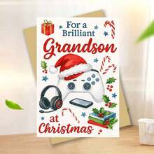 Personalized Gaming-Themed Christmas Card For Grandson Featuring Festive Video Game Controller With Santa Hat - 'For A Brilliant Grandson At Christmas' Holiday Greeting With Candy Canes, Holly Berries And Wrapped Gifts Design - Multicolor - View 13