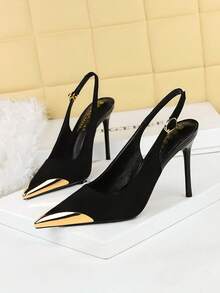 European & American Style Metal Pointed Toe High Heel Pumps, Slim Heel Super High Heel Ankle Strap Women's Party Shoes