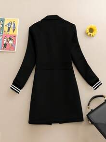 优雅休闲撞色条纹中长款西装外套 - 黑色 - 查看 2